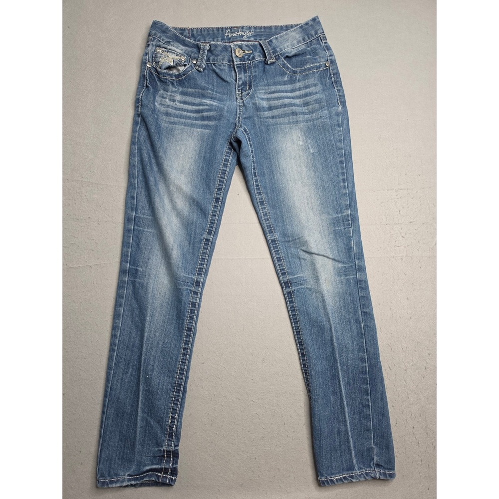 Amethyst Jeans Womens 30 Blue Denim Cotton Stretch Whiskers Straight Leg Outdoor
